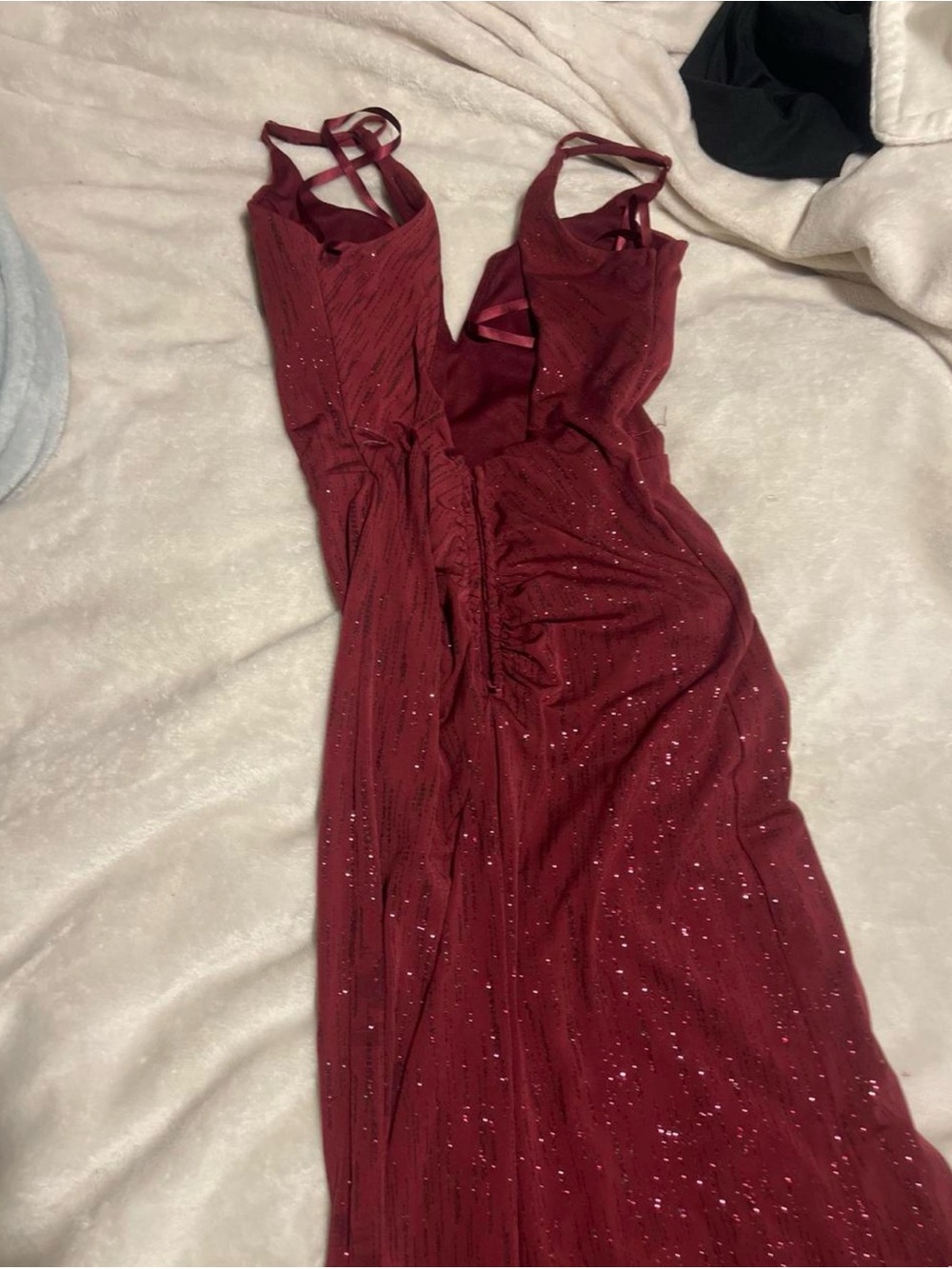 City Triangles Burgundy Sequin Ruched Prom Gown